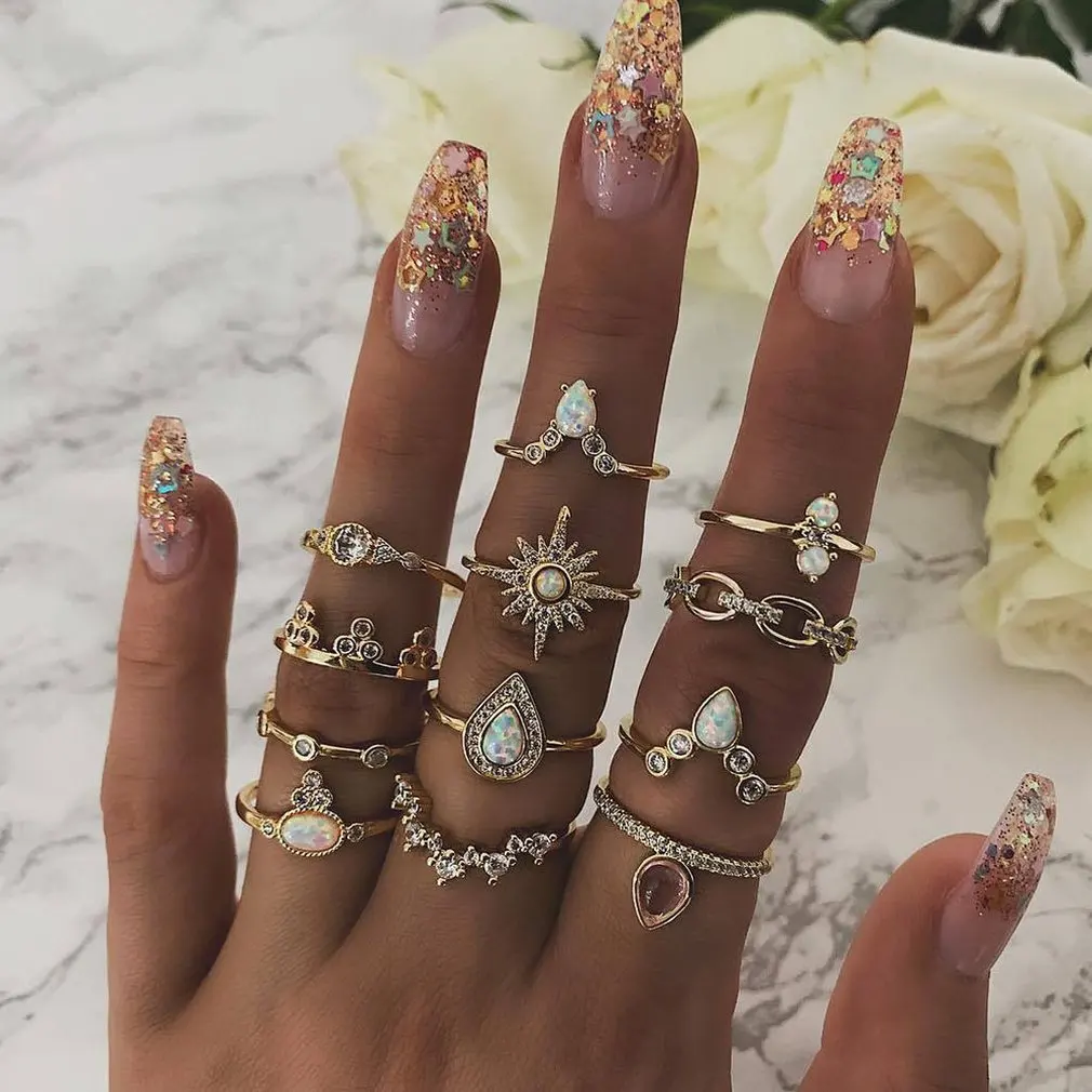 

Women Bohemian Vintage Crown Wave Flower Heart Lotus Star Leaf Crystal Ring Party Jewelry Silver Rings Set Gifts