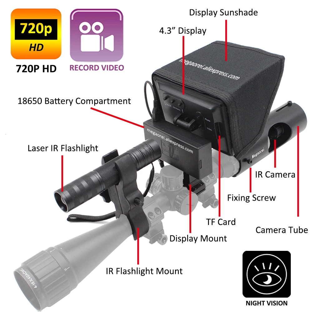 Escopo de Visão Gravador de Vídeo Digital com 850nm Noturna Adicionar Acessório Monocular Caça Câmera 720p ir Laser Megaorei2 no 11 Megaorei2 escopo de visão noturna adicionar no
