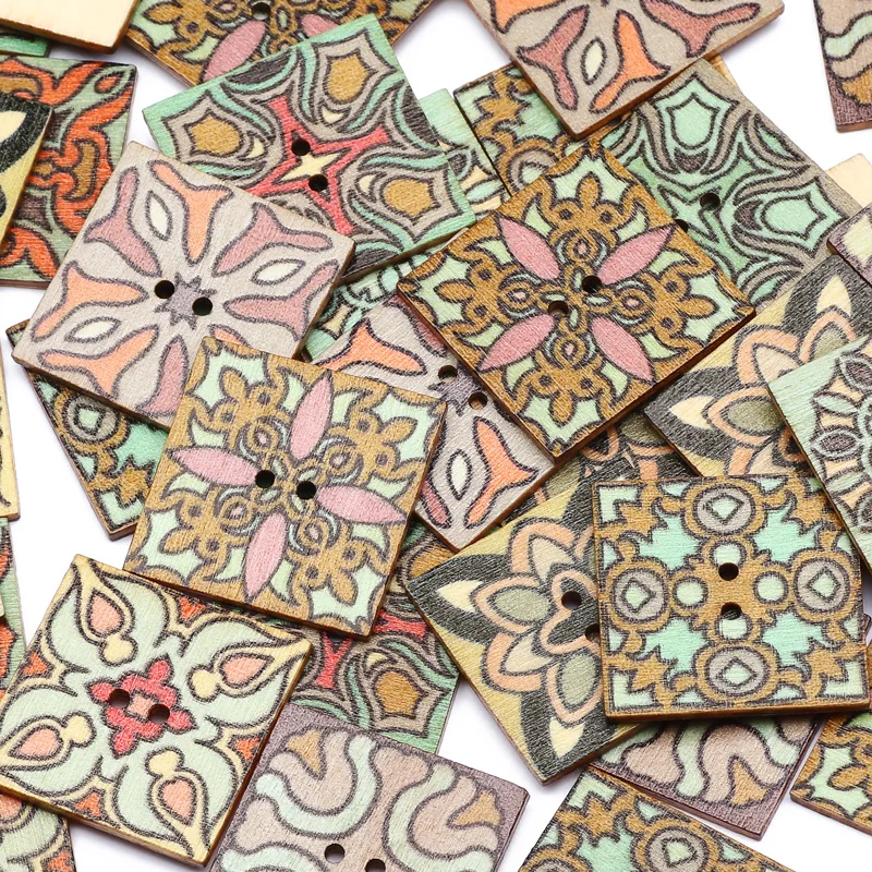 50pcs 25mm Mixed Vintage Pattern Wooden Buttons Square 2 Hole Sewing Button for Kid's Clothing Scrapbooking DIY Craft Decoration