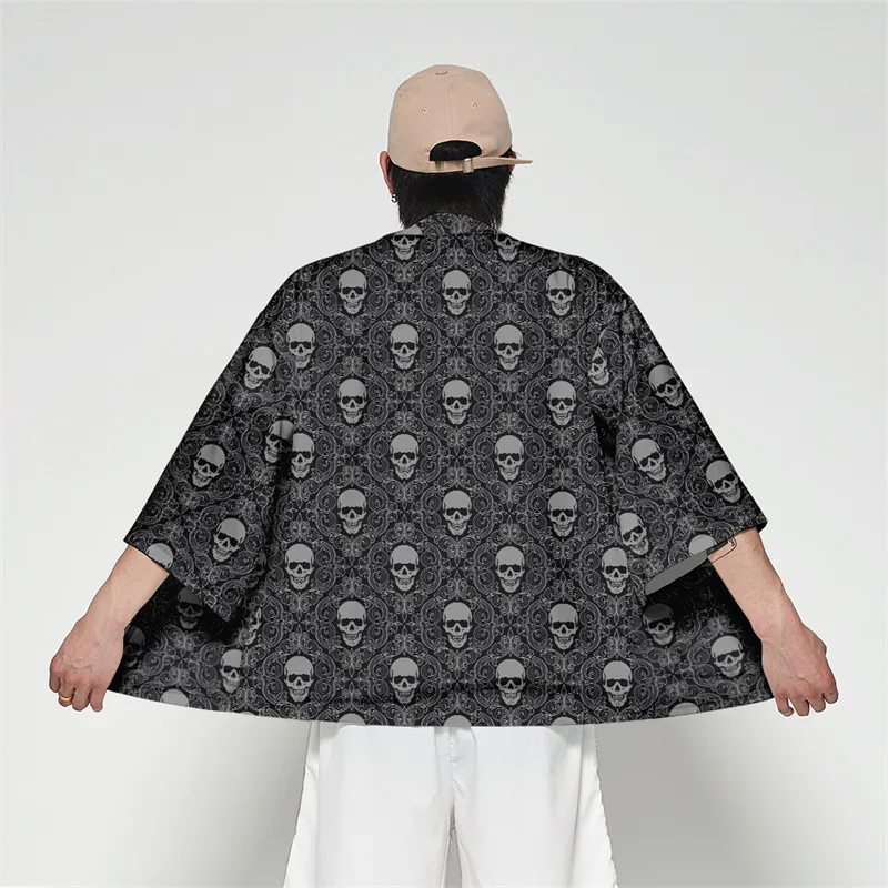 

Japanese Streetwear kimono shirt men/women Summer Japanese Harajuku Horror Skull mens chiffon shirt Casual kimono Cardigan