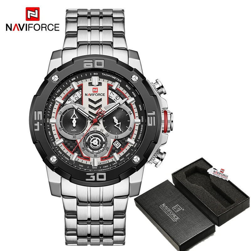 SW BOX Роскошные мужские часы NAVIFORCE, спортивные часы с хронографом, Мужские кварцевые наручные часы с датой, стальным ремешком, водонепроницаемые часы, мужские часы - Цвет: SW BOX