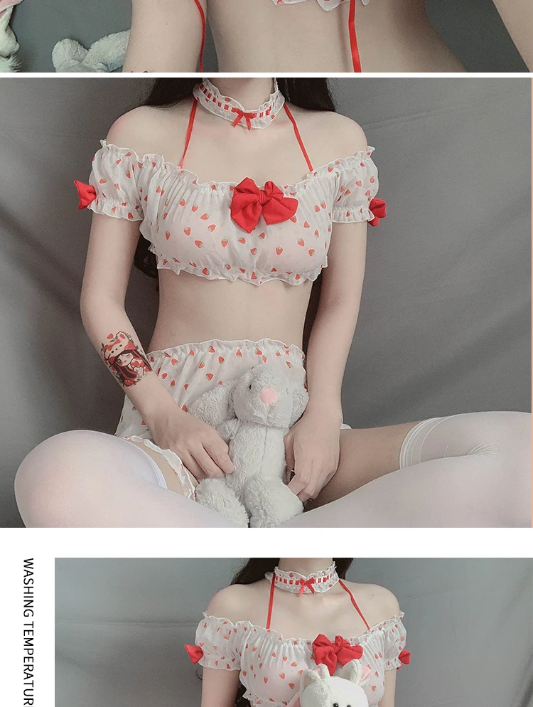 Lovely Sexy Pajama Sweet Strawberry Print Lingerie Set Uniforms School Girl Kawaii Anime Cosplay Bowknot Pajamas with Choker