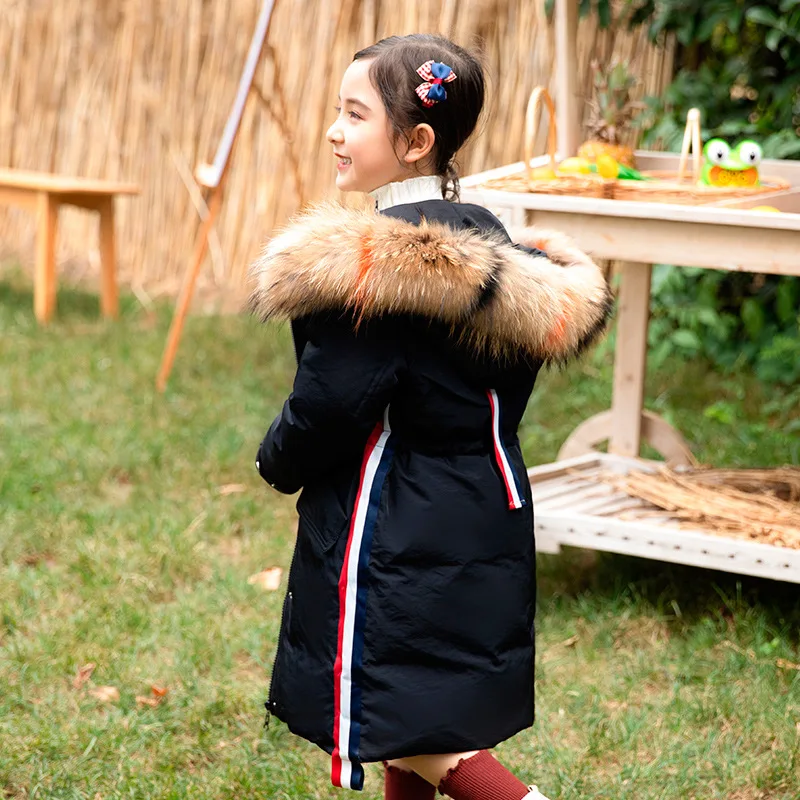 Модная одежда для девочек-30 градусов, верхняя одежда на утином пуху, пальто, зимняя детская теплая одежда, парка, куртка с воротником из натурального меха