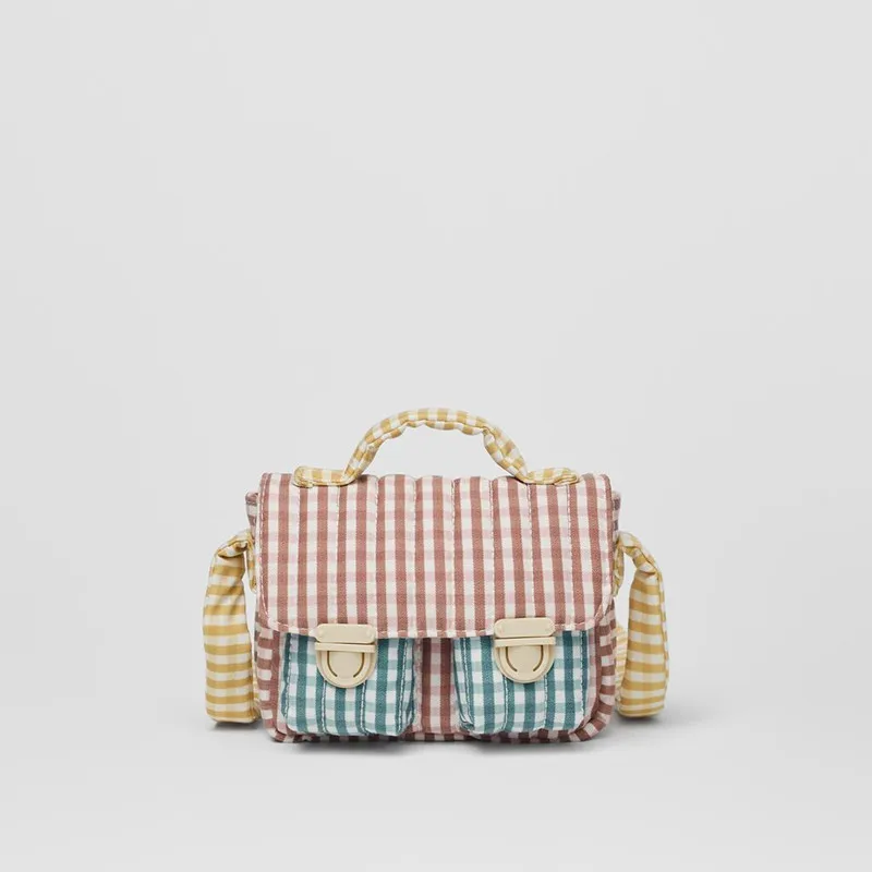 New children's bag girls summer fresh color matching square check messenger cotton medium soft texture knotted shoulder | Багаж и