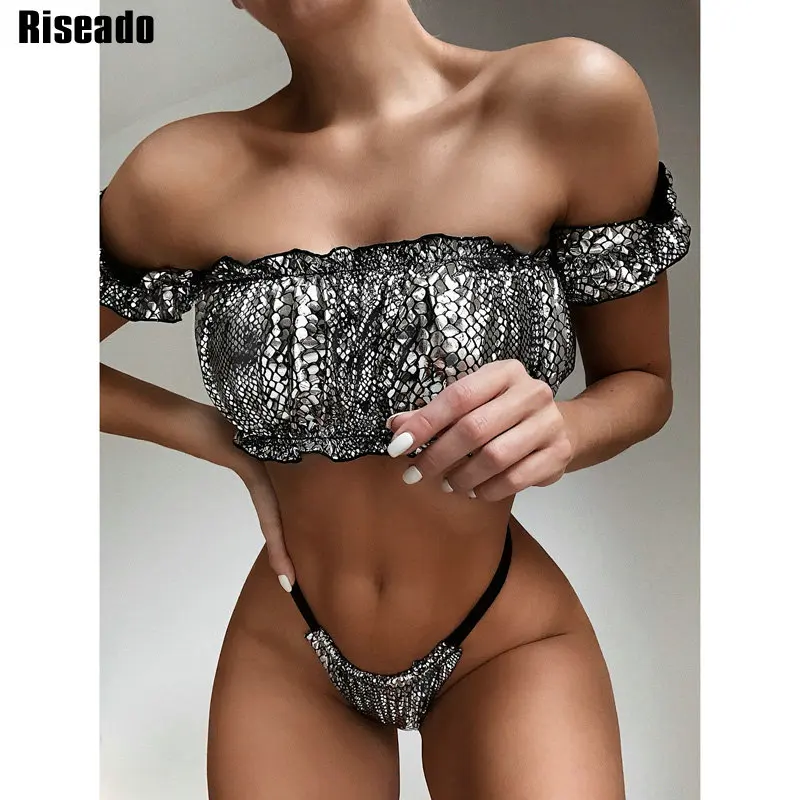 

Riseado Sexy Bandage Swimsuit Women Snake Print Bikini Set 2020 New Brazilian Biquini Ruffled Bikinis String Bathing Suits
