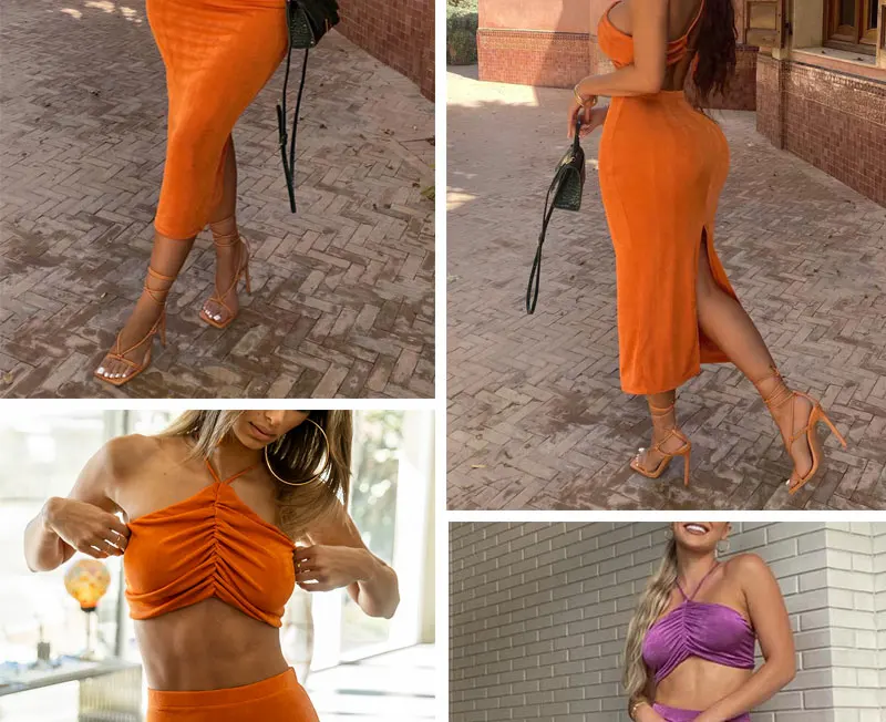 Halter Crop Top And Skirt Set Sexy Women Outfits Summer Dress Sets Cami Top Two Piece Set Skirt Elegant Party Club Outfits