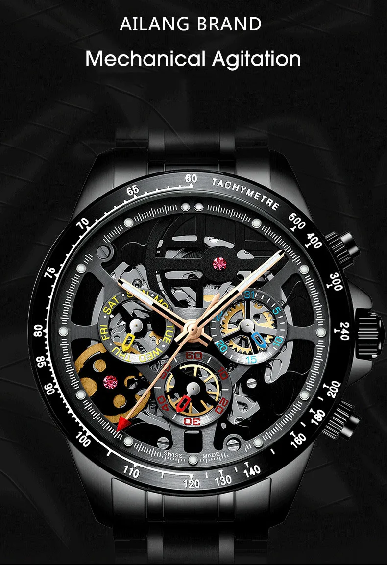 AILANG Tourbillon часы с окошком для мужчин Топ бренд класса люкс автоматические часы для мужчин водонепроницаемые черные стальные механические часы relogio masculino