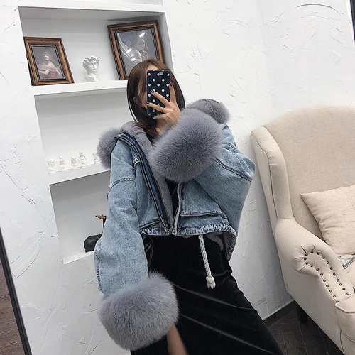 blue grey Женская зимняя джинсовая куртка OFTBUY, с натуральным мехом лисы на воротнике и манжетах и съемной подкладкой из кроличьего меха, теплая свободная парка, уличная одежда - Цвет: blue grey