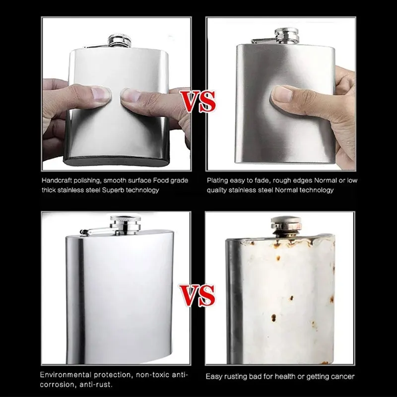New 1 4 5 6 7 8 9 10 oz Stainless Steel Hip Flask with Funnel Pocket Hip Flask Alcohol Whiskey Hip Flask Screw Cap