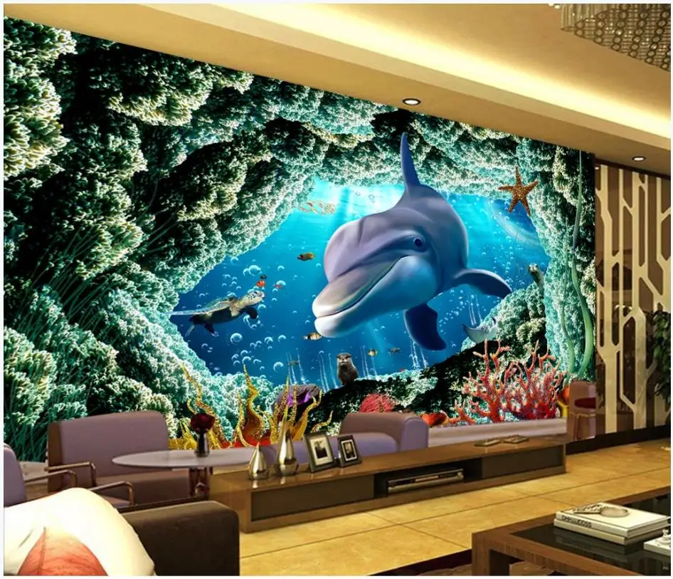 

Custom photo wallpaper for walls 3 d underwater world dolphin murals TV background wall papers for living room decoration