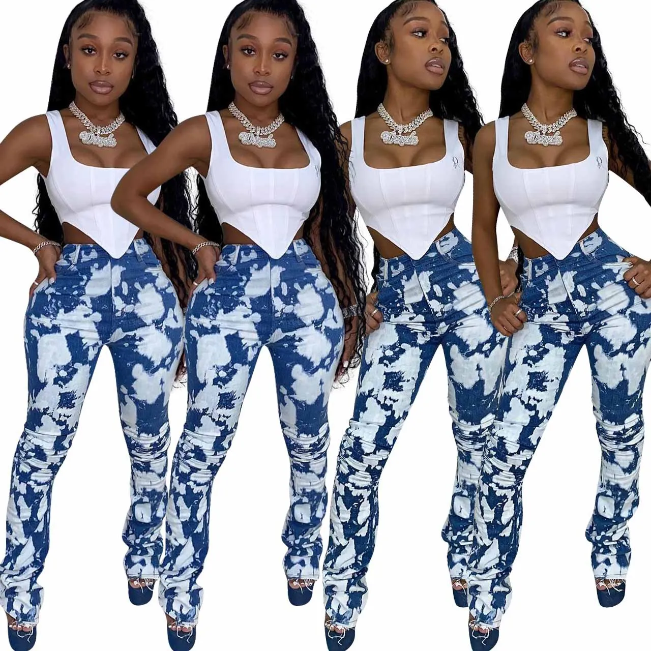 

New Arrival Autumn Women Denim Trousers Hot Selling Tie-dye Print Pleated Stacked Leggings Zipper Pockets All-matching Pants
