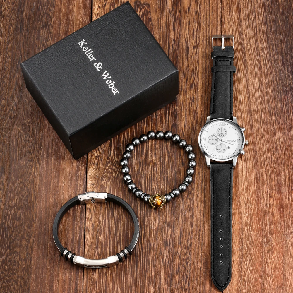 Bracelet Watch Gift Set for Man Leather Quartz Watch with Calendar Dial Men's Black Elastic Chains Anniversary Gift to Husband