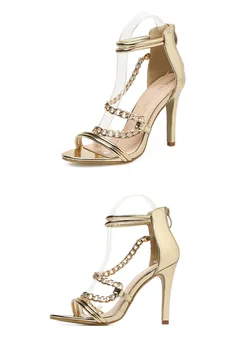 

Fashion Chain Woman Sandals Gold Peep Toe Thin High Heels Pumps Ankle Strap Breathable Stilettos Summer Spring Sexy Dress Shoes