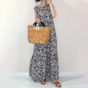 

flower printed women long dress summer sleeveless holiday beach dresses robe 2020 janpan korean long maxi dresses vestiods