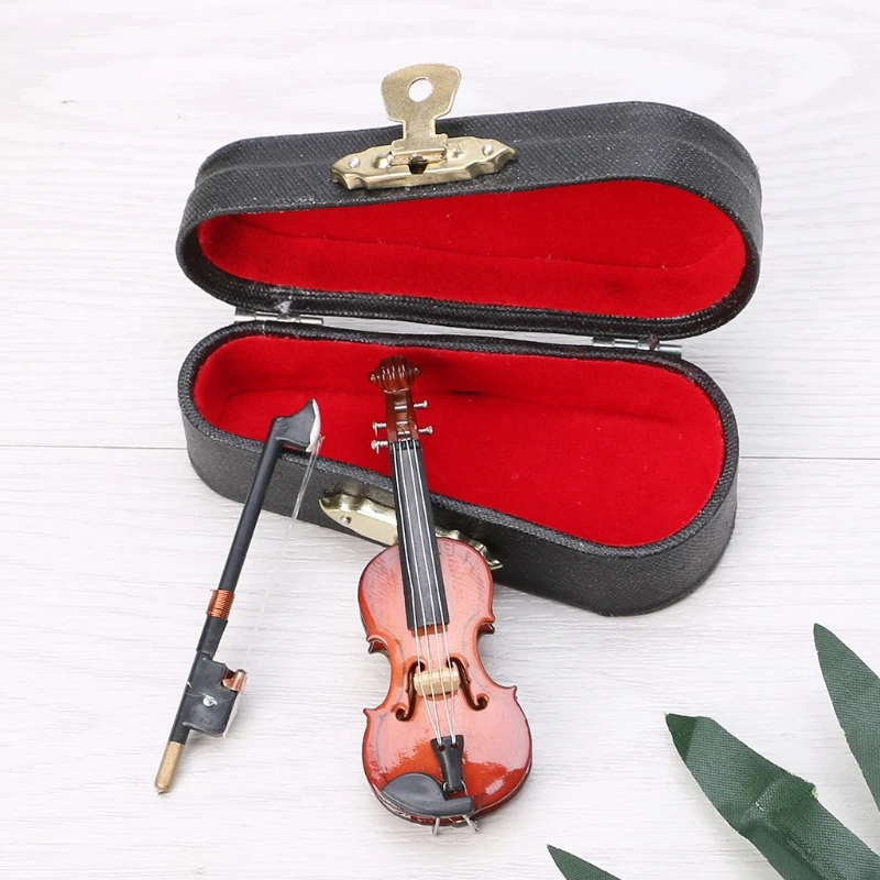 

7CM Mini Violin Miniature Musical Instrument Wooden Model with Support and Case
