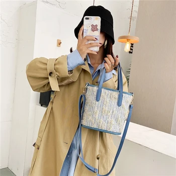 

Fashion Woolen Messenger Handbag Women PU Leather Bucket Totes Autumn Casual Shoulder Crossbody Bag