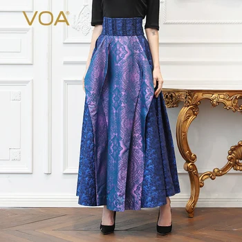 

VOA Real Silk 33mm Yarn-dyed Jacquard Mix Material Stitching High-waisted Stereo Leaflet Big Hemline A- line Skirt C363