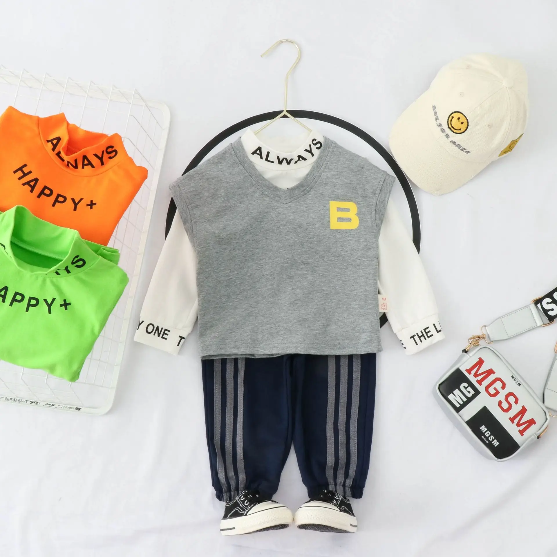 

Korean-style Children Spring And Autumn New Style BOY'S Half-Turtle-Neck Long-sleeved Sweater Children Waistcoat Brace Trousers