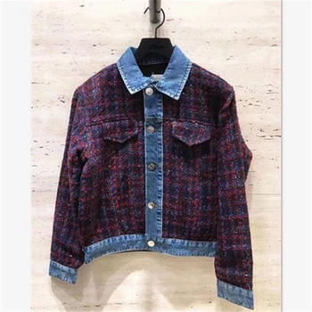 

2019 autumn and winter small fragrant denim stitching women casual short woolen coat