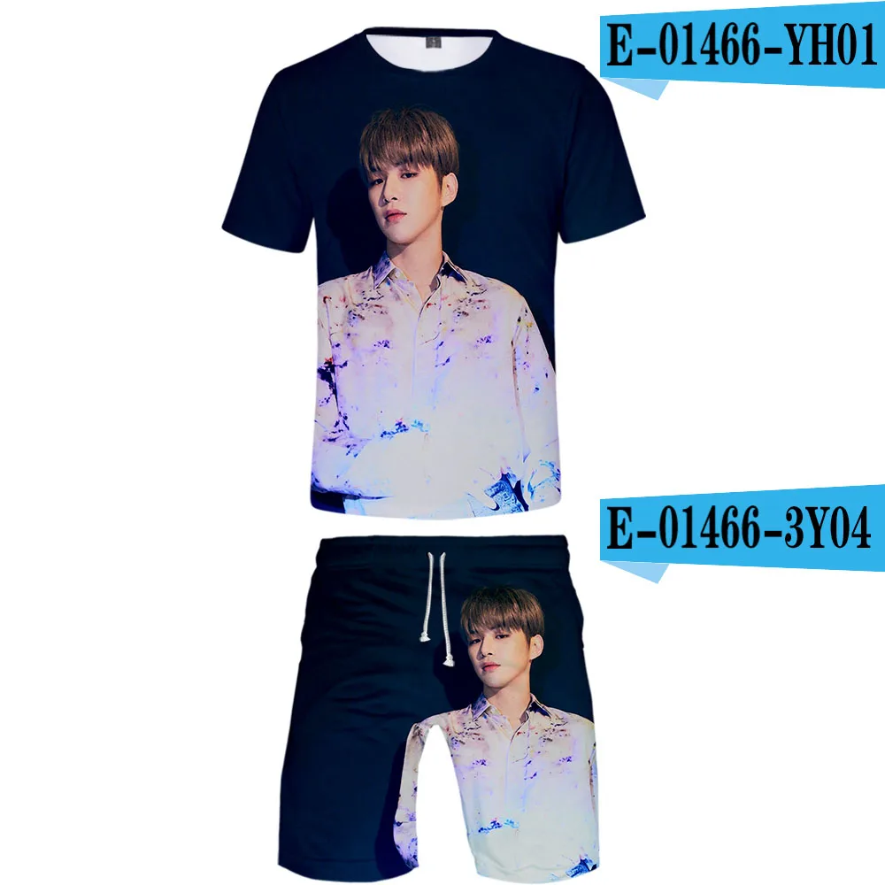 Мода Новое поступление 3D WANNA ONE Kang danel Kpop Стиль Уличная комплект из двух предметов футболка с круглым вырезом+ Шорты Мужские Классные комплекты харадзуки - Цвет: Бежевый