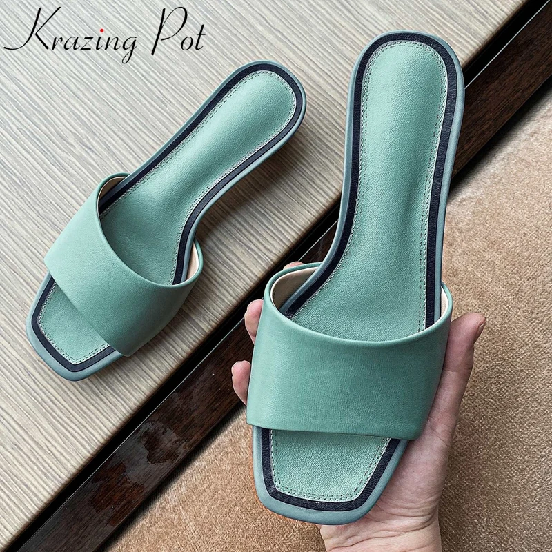 

Krazing pot summer natural leather peep toe med heel outside slipper simple solid young lady daily wear slip on shoes women L40