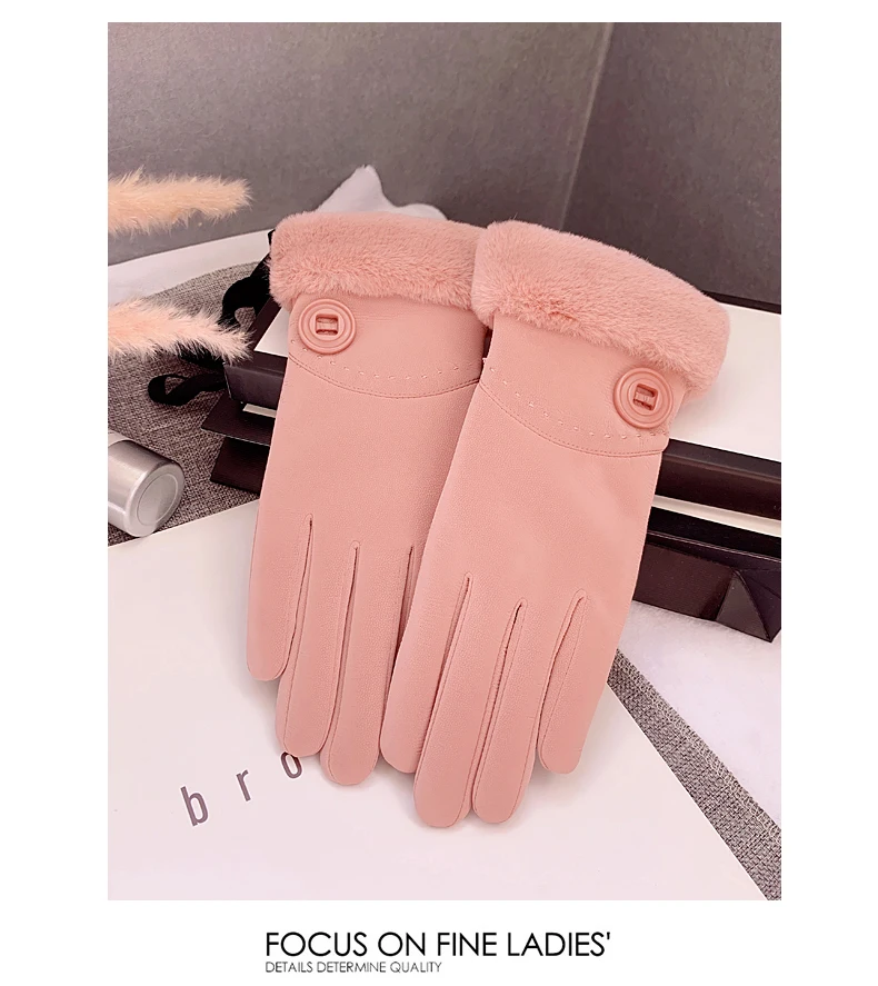 Winter leather gloves female warm cute students plus velvet thickening Japanese touch screen bike windproof cold weather gloves