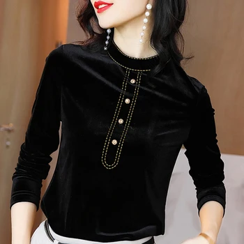 

Fall Winter Fashion Womens Stand Collar Embroidery Black Velvet Shirt Top Blouse , Velour Long Sleeve T Shirts Tops for Women