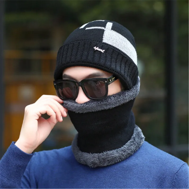 

2019 Men Plush Winter Skullies Beanies Rings Sets Ventilate Elastic Plaid Thick Neck Ear Warm Soft Hat Scarf Accessories-CGC-W7
