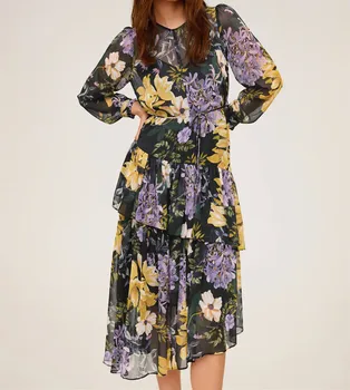 

ZA Elegant Summer Midi Dress Women 2020 Adjustable Drawstring Waist Ruffle Lady Pleated Hem Flowy Flower Print Dresses Vestidos