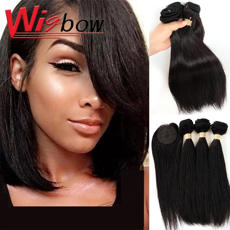 Short Straight Bundles With Closure 100% Human Hair Brazilian Hair Bundles With Cheap Closure Natural Hair Extensions Human Hair