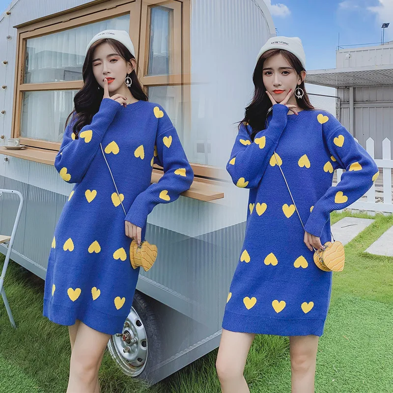 

Photo Shoot 2019 Autumn And Winter New Style Maternity Clothes Fashion Mid-length Blue Knitted Sweater Women's Heart Thick Dress