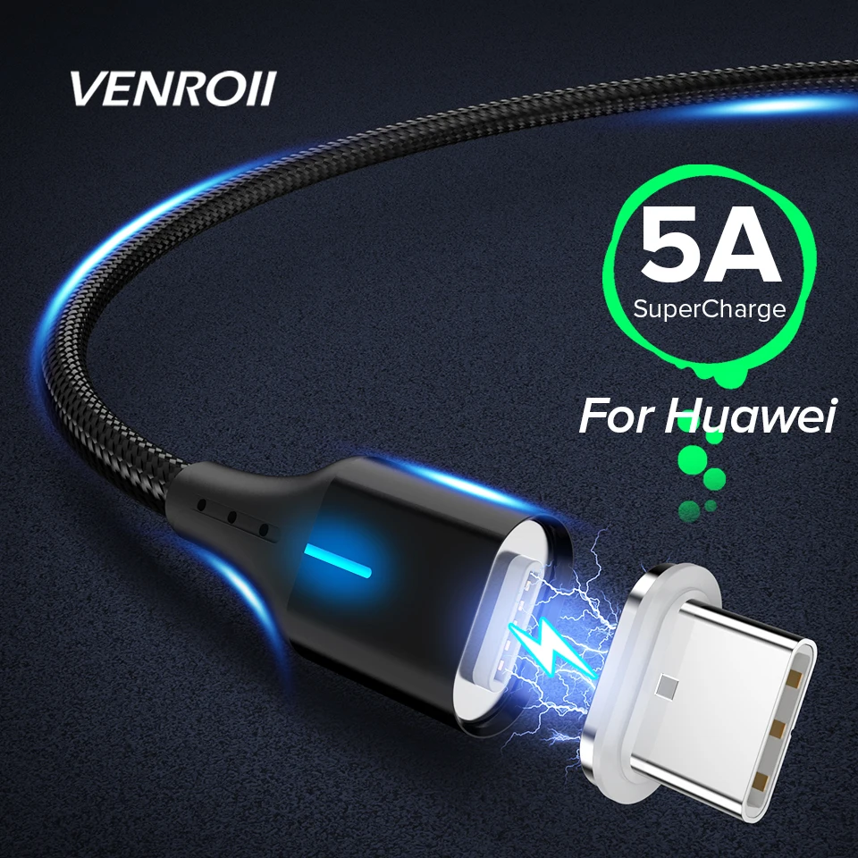 Магнитный кабель Venroii USB Type C для быстрой зарядки шнур Huawei P30 P20 Pro 5A SuperCharge Quick Charge 3 0