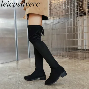 

Women Boots Autumn New Elastic Leg Boots Med Heel Over The Knee Round Toe Slip on 2019 Sexy New Fashion Flock Motorcycle Boots
