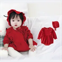 Рождество год Детский комбинезон для новорожденного, для малыша комплект одежды для маленьких девочек цвет красного вина комбинезон+ шапка на осень Одежда для малышей, комплекты одежды