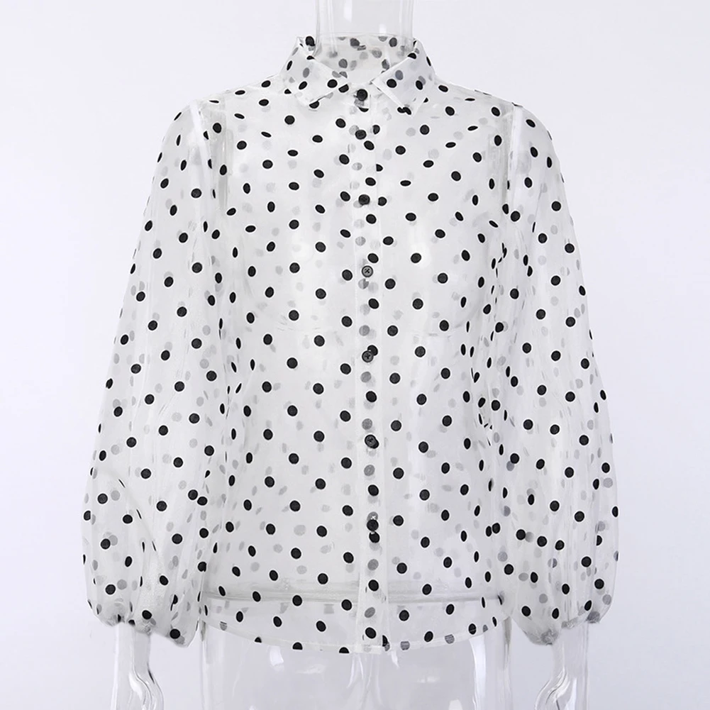 Модная женская летняя сетчатая рубашка прозрачная Повседневная рубашка в горошек с длинными рукавами Черная кружевная ткань Свободная блузка Топы черный