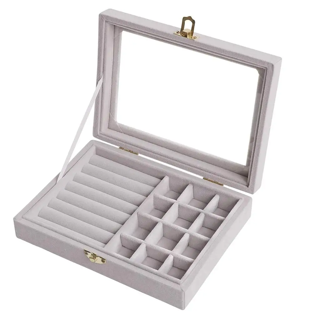 

12 Grids&7 Slots Jewelry Tray Showcase Display Storage Organizer Box Vintage Case Multi-Function Gray Velvet Clear Lid With Lock