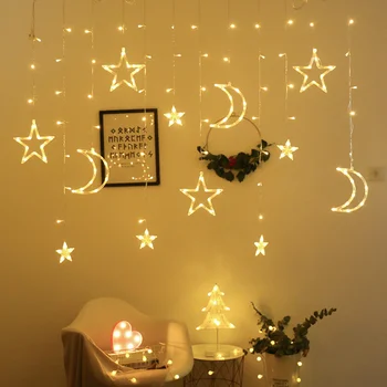 

Warm White LED Star Moon Shape Lantern String Light Flashing Stars Net Red Bedroom Room Creative Curtain Light With EU Plug(Whit