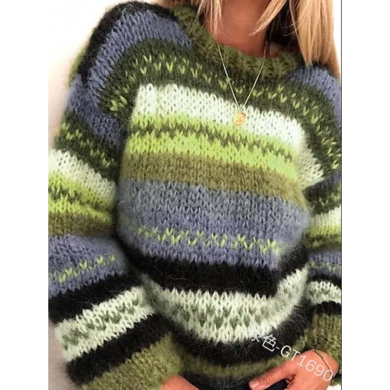 Autumn Winter Women Rainbow Sweaters Tie Dye Pullover O-Neck Long Loose Striped Korean Jumpers Candy Color Oversized Female Tops