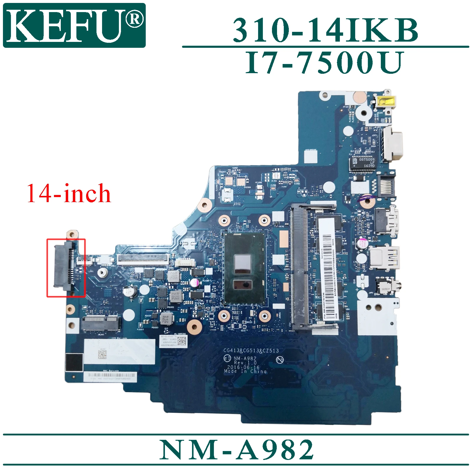 KEFU NM-A982 оригинальная материнская плата для lenovo 310-14IKB с 4GB-RAM I7-7500U материнская плата для ноутбука