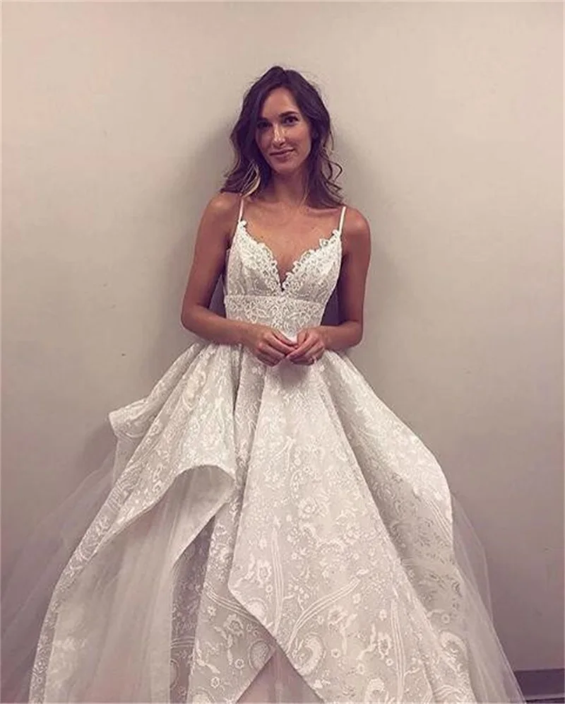 

2020 Romantic Lace Bride Wedding Dress V-Neck Backless Bridal Wedding Dresses White Tulle A-Line Wedding Dress Vestido De Noiva