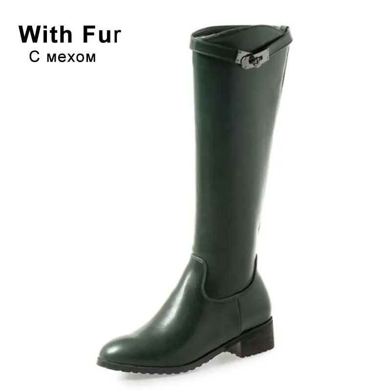 Taoffen/женские сапоги до колена; повседневная обувь на толстом каблуке в стиле пэчворк; женская зимняя обувь на меху; классическая женская обувь; размеры 32-43 - Цвет: Green