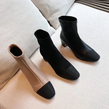 

MLJUESE 2020 women ankle boots velvet square toe slip on winter short plush mixed colors women socks boots party dress