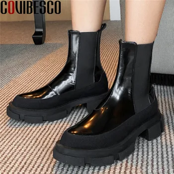 

COVIBESCO Concise Genuine Leather Elastic Band Ladies Boots 2020 Autumn Winter Chunky Heels Pumps Newest Party Basic Shoes Woman