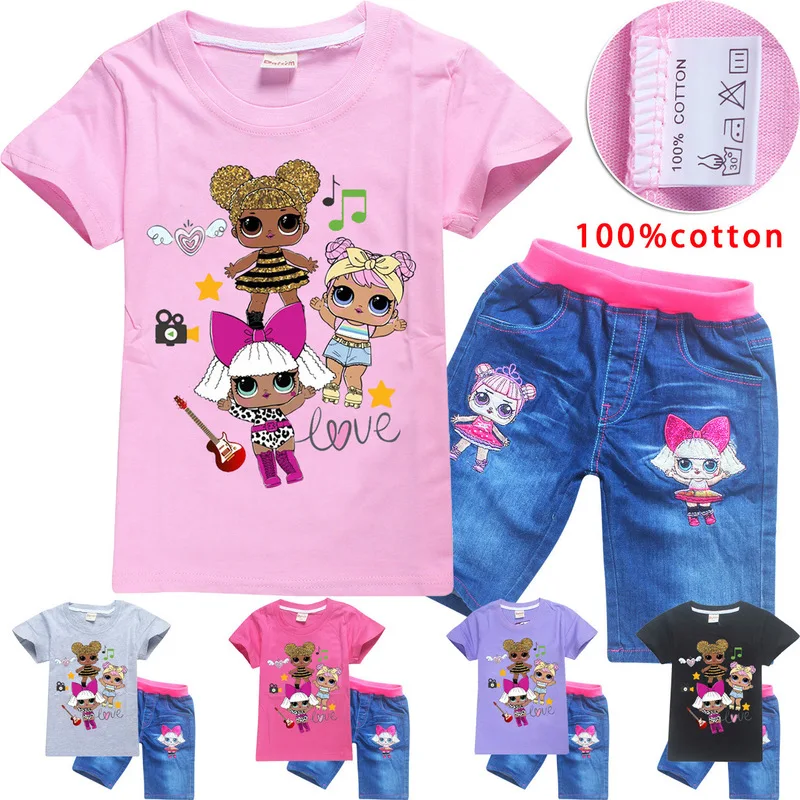 

100% Cotton Baby Girls Lol Clothes Summer Tshirt+jeans Clothing Set 2pcs Cartoon Print Short Sleeve Children Clothes Casual