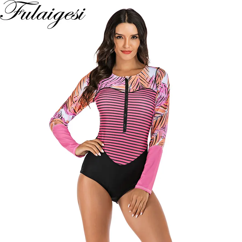 Rashguard Женский гидрокостюм Рашгард с длинным рукавом Защита от солнца с принтом на молнии спереди купальник с вырезом лодочкой UPF50+ костюм для серфинга