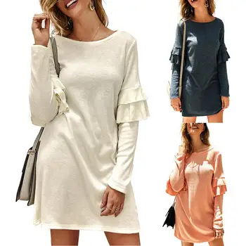 

Casual Women O Neck Long Ruffled Sleeve Solid Color Loose Cotton Mini Dress Ruffled Sleeve Solid Color Loose Cotton Mini Dress