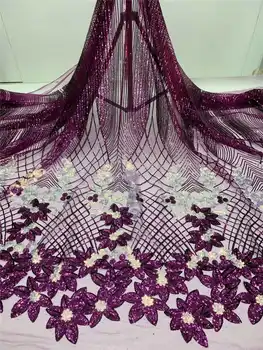 

High Quality African Embroidered Sequince Lace Fabric For Woman Party Evening Long Dress Winn286