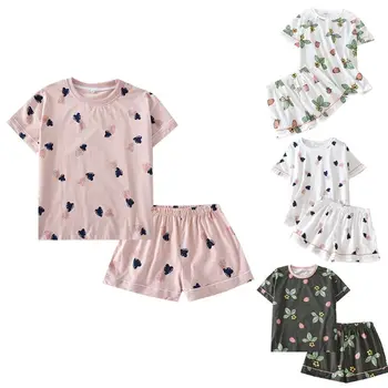 

Women 2Pcs Pajamas Set Heart Strawberry Print Short Sleeve Tops Pants Sleepwear