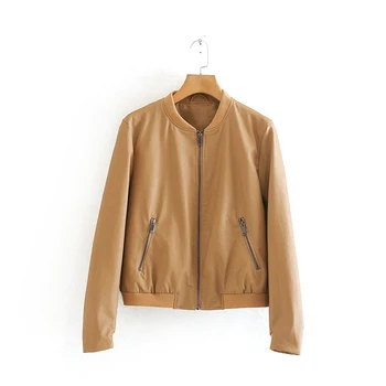 

2020 Za New Casual Fashion Lady Female Women Women's clothes Solid yellow Faux Leather Jacket PU Coat Zipper round neck spring