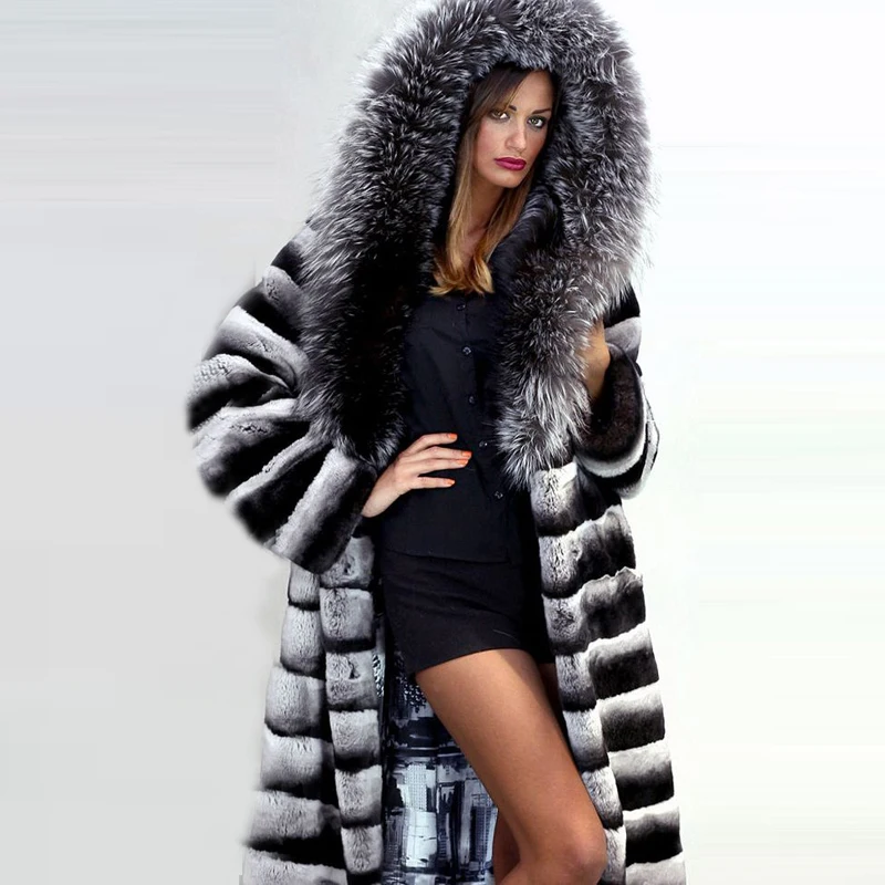 Натуральное женское меховое пальто, зимнее пальто из натурального меха шиншиллы, кролика Рекс, пальто с большим серебристым мехом лисы, капюшон, Толстая теплая куртка из натурального меха